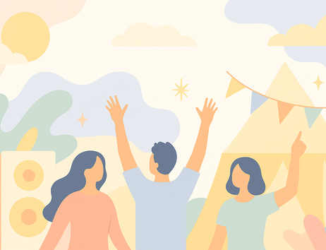 Abstrakte Festival-Illustration in hellen Pastellfarben mit stilisierten Menschen, Fahnen, Zelten und Sonne.