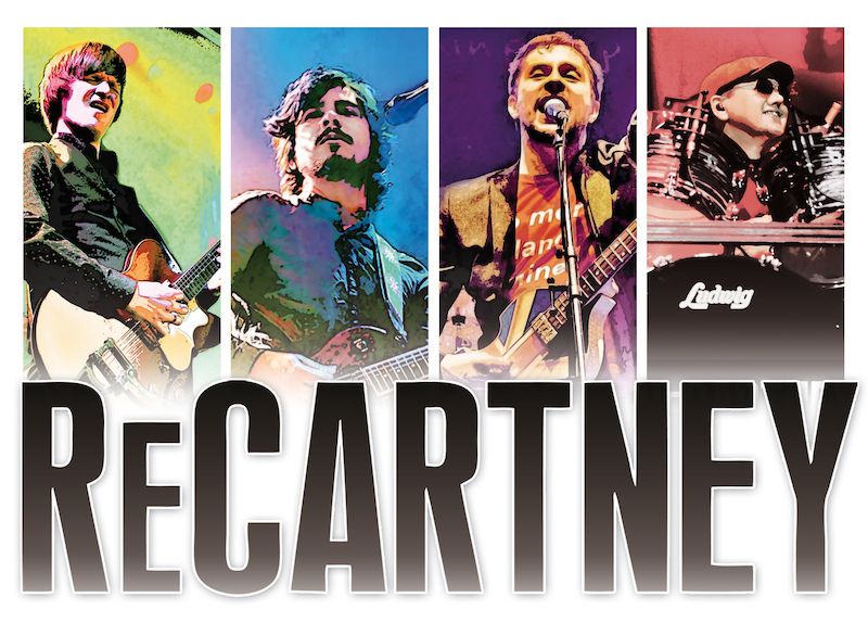 Vier Musiker der Coverband ReCartney in bunten Porträts mit Instrumenten.