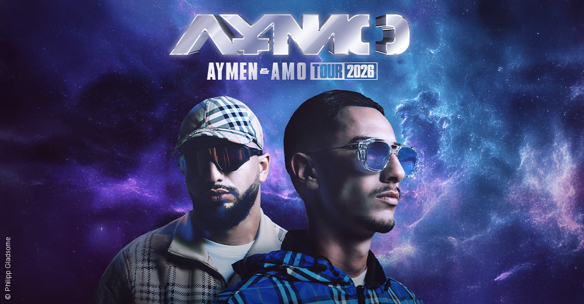 Zwei Männer mit Sonnenbrillen vor einem galaktischen Hintergrund, mit dem Schriftzug 'Aymen & Amo Tour 2026'.