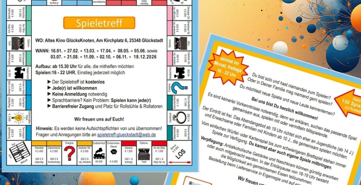 Ein Flyer für einen Spieletreff mit Informationen zu Ort, Zeit und Teilnahmebedingungen. Enthält ein Spielbrett-Design und bunte grafische Elemente.
