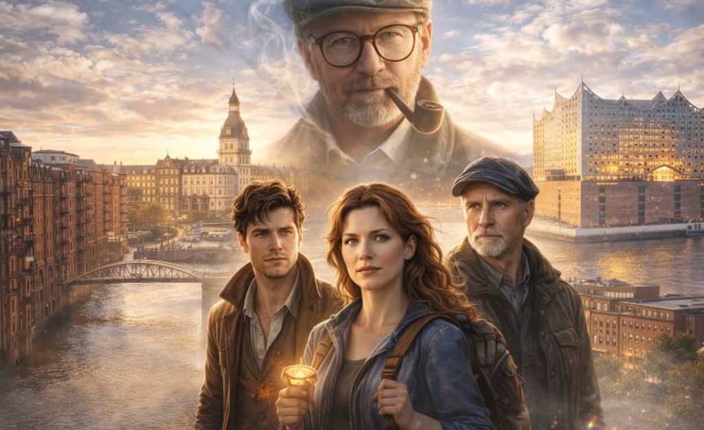 Drei Personen stehen im Vordergrund an einem Fluss in einer historischen Stadt, darüber schwebt das Porträt eines älteren Mannes mit Pfeife. Die Stimmung ist geheimnisvoll und abenteuerlich, wie ein Fantasy- oder Mysteryfilm.