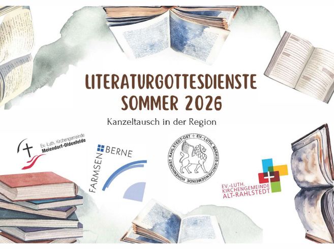 Plakat für Literaturgottesdienste im Sommer 2026 mit Büchern und Logos von Kirchengemeinden.