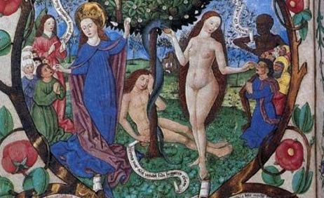 Mittelalterliche Darstellung von Adam und Eva im Garten Eden mit dem Baum des Lebens.