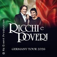 Plakat für die Ricchi e Poveri Germany Tour 2026 mit zwei Personen vor italienischer Flagge.
