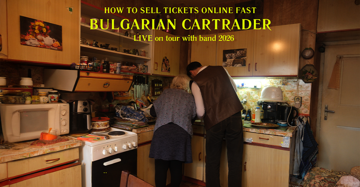 Zwei Personen in einer rustikalen Küche, die gemeinsam kochen. Oben im Bild steht der Text: 'How to sell tickets online fast - Bulgarian Cartrader - Live on tour with band 2026'.