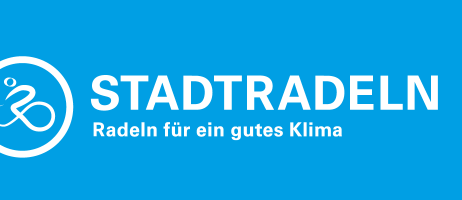 Logo von Stadtradeln mit dem Slogan 'Radeln für ein gutes Klima' auf blauem Hintergrund.