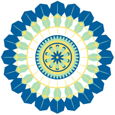 Ein symmetrisches, buntes Kaleidoskop-Muster mit blauen, gelben und grünen Elementen.