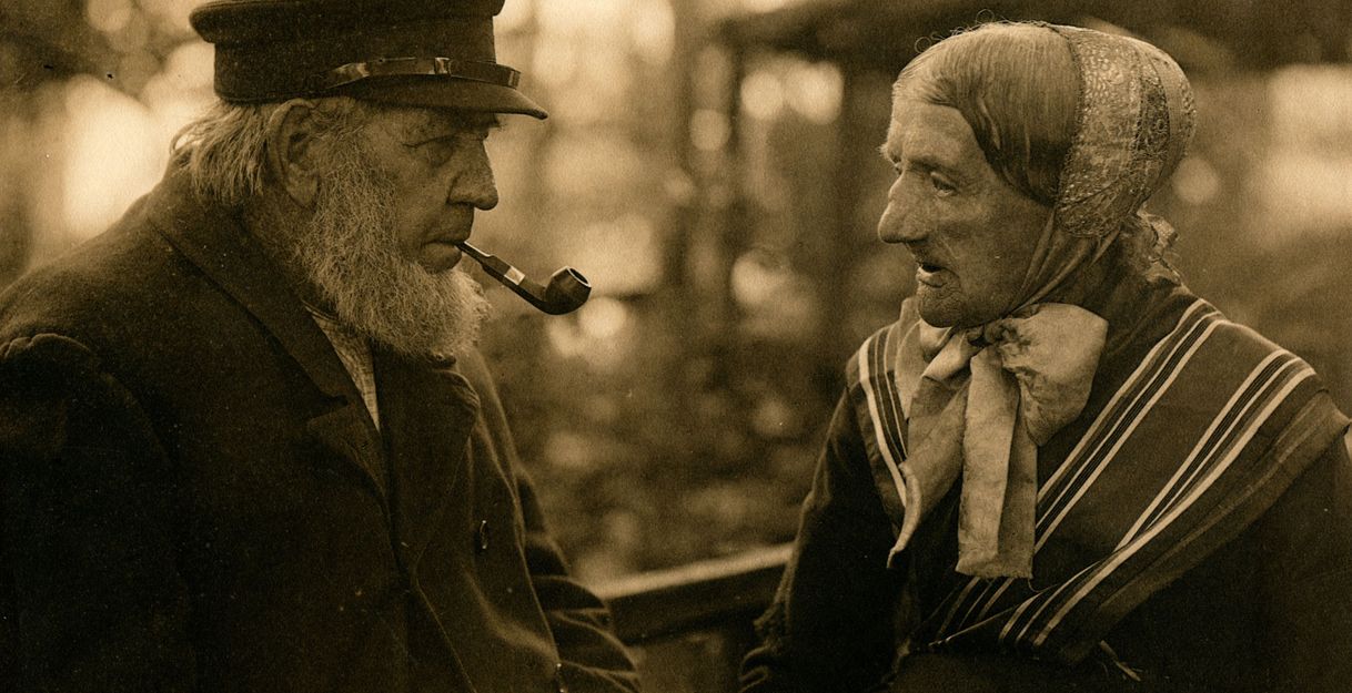 Ein Mann und eine Frau in traditionellen Trachten schauen einander an.