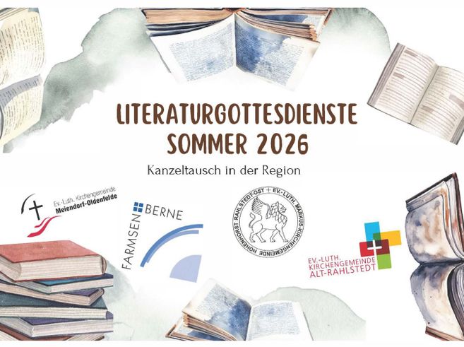 Plakat für Literaturgottesdienste im Sommer 2026 mit Büchern und Logos von Kirchengemeinden.