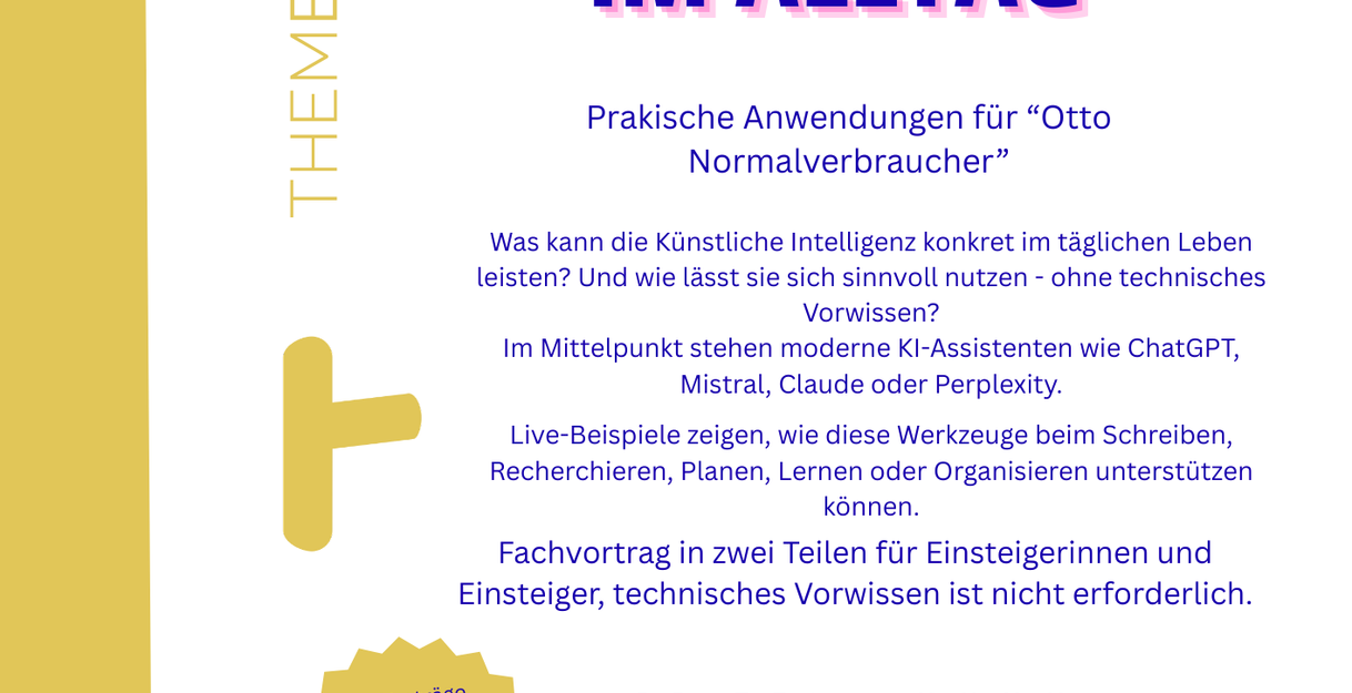 Ein Flyer für einen Vortrag über Künstliche Intelligenz im Alltag, der am 11. März 2026 in der Stadtbücherei Fehmarn stattfindet.