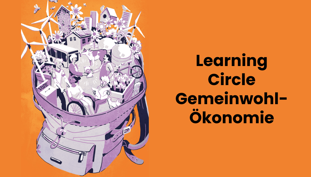 Illustration eines Rucksacks mit Menschen, Windrädern und Pflanzen, die Gemeinschaft und Nachhaltigkeit symbolisieren.