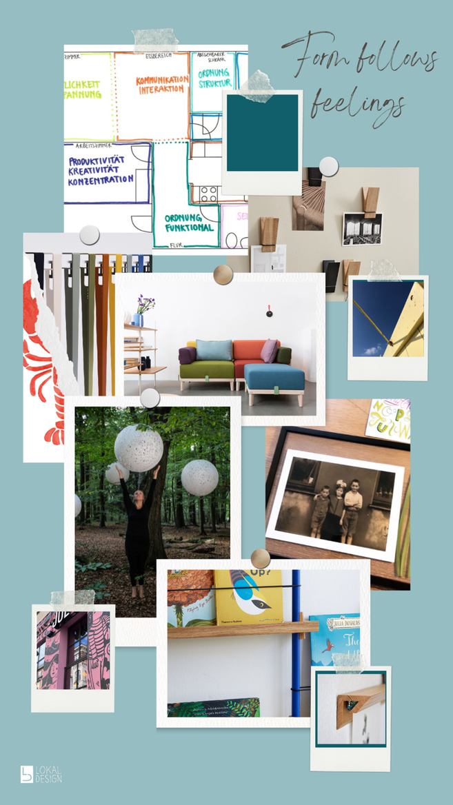 Collage aus Designmöbeln, Stuhl und Couch, Farb‑ und Materialproben sowie Wohnaccessoires in stilvollen Interior‑Szenen für