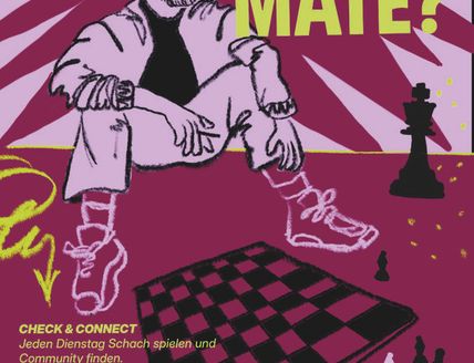 Poster für ein Schach-Event mit einer gezeichneten Person und Schachbrett.