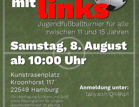 Einladungsgrafik für Kicken mit Links am 8.8. ab 10 h am Kunstrasenplatz Kroonhorst 117