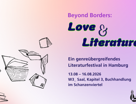 Grafik zur Veranstaltung "Love and Literature" mit einer Buchzeichnung auf der linken Seite sowie den Veranstaltungsdaten auf der rechten Seite