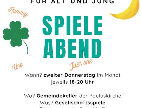 Einladungsplakat für einen Spieleabend im Gemeindekeller der Pauluskirche mit Text und Grafiken von Spielkarten und einem Kleeblatt.