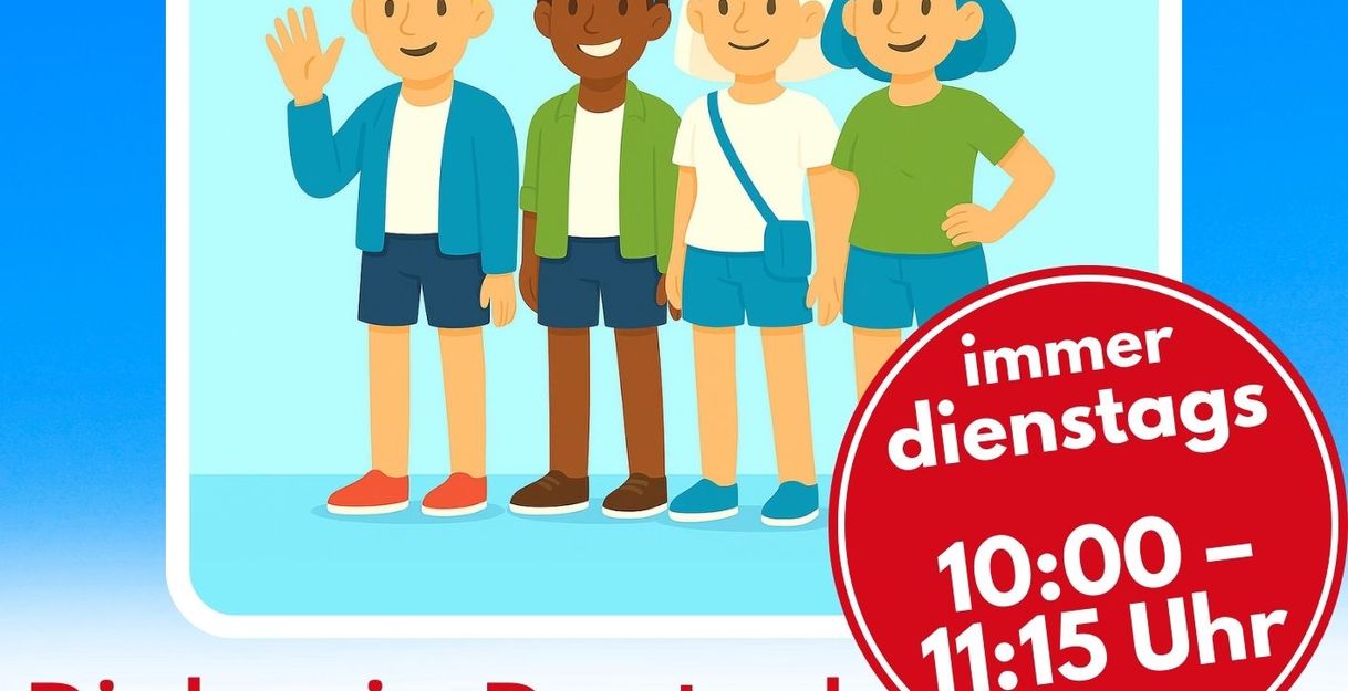 Plakat Dialog in Deutsch: Vier Personen, die sich unterhalten