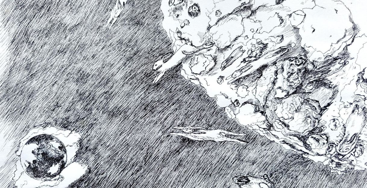 Schwarz-weiß Zeichnung von Hasen, die über eine unebene Oberfläche springen.