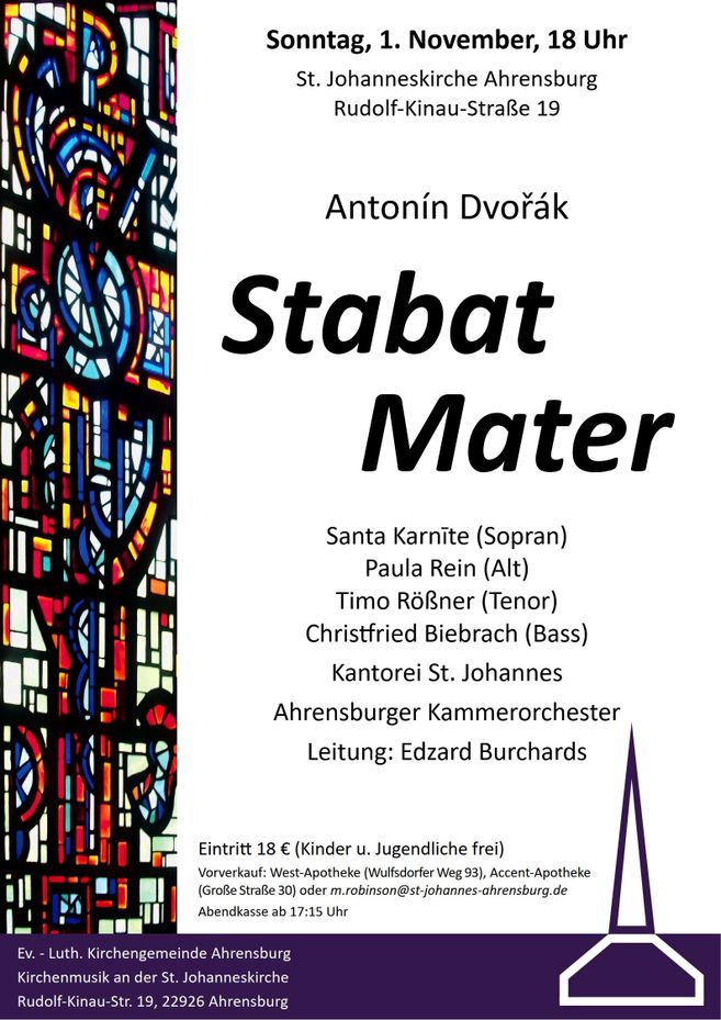 Plakat für ein Konzert von Antonín Dvořáks 'Stabat Mater' in der St. Johanneskirche Ahrensburg am 1. November.