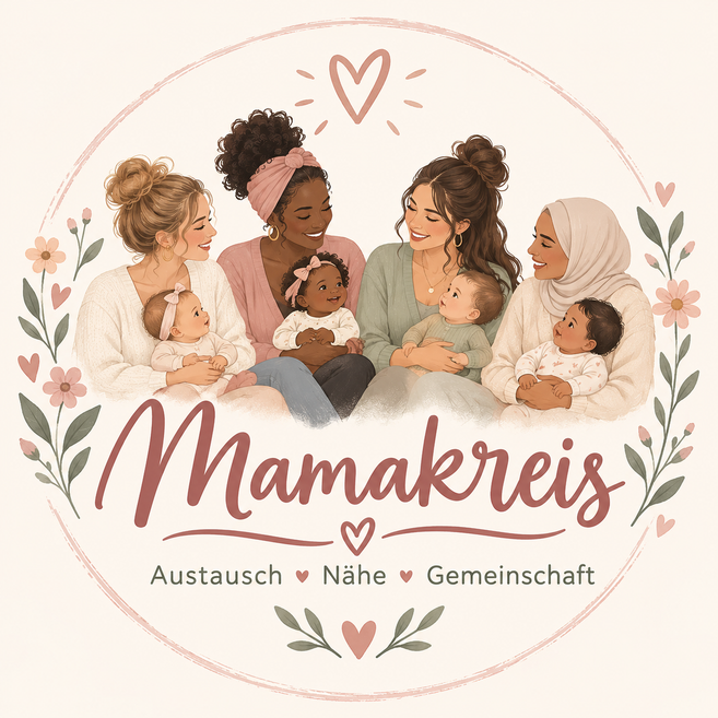 Illustration von vier Müttern mit Babys im Kreis, umrahmt von Blumen und Herzen, mit dem Schriftzug „Mamakreis“ und den Worten „Austausch, Nähe, Gemeinschaft“.