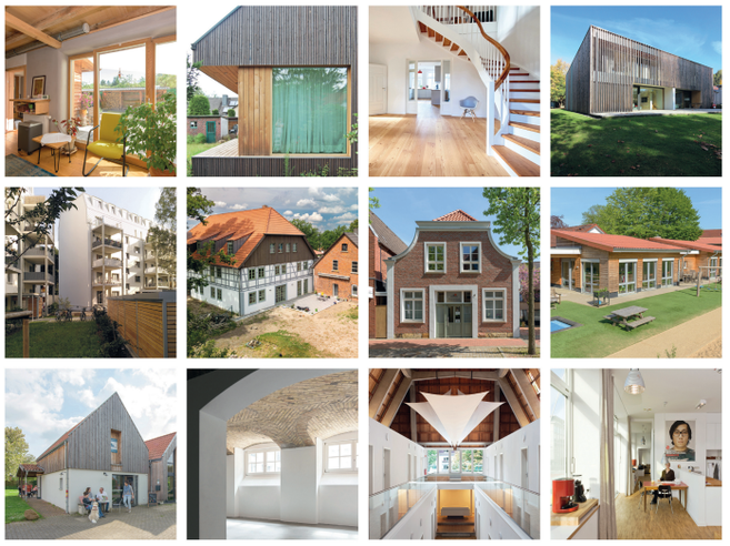 Collage von modernen und traditionellen Gebäuden mit nachhaltiger Architektur.
