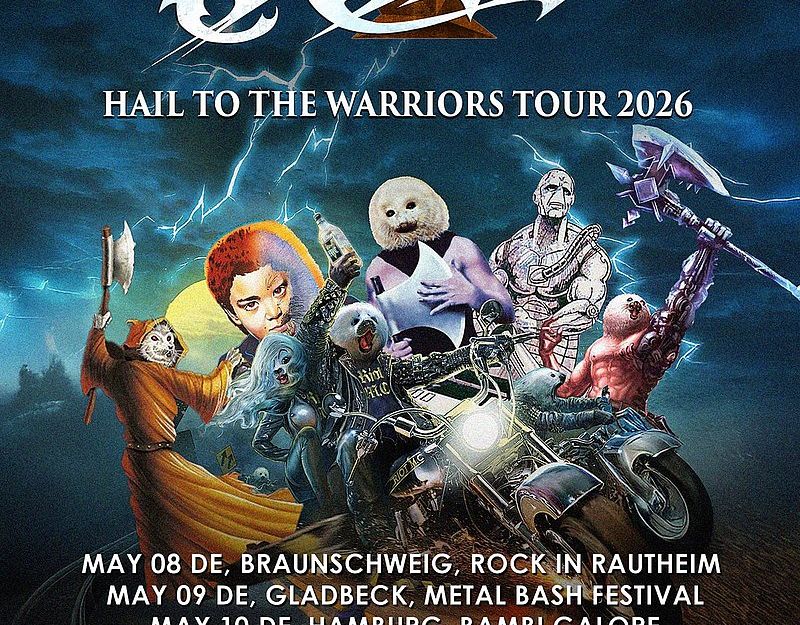 Poster der Hail to the Warriors Tour 2026 von Riot V mit Tourdaten und fantastischen Figuren auf Motorrädern.