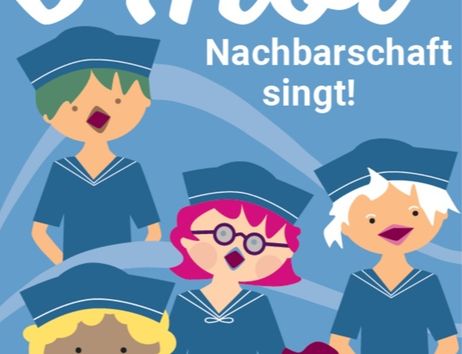 Illustration von singenden Menschen in Matrosenanzügen mit einem Hund, begleitet von dem Text 'Ahoi Nachbarschaft singt!' auf blauem Hintergrund.