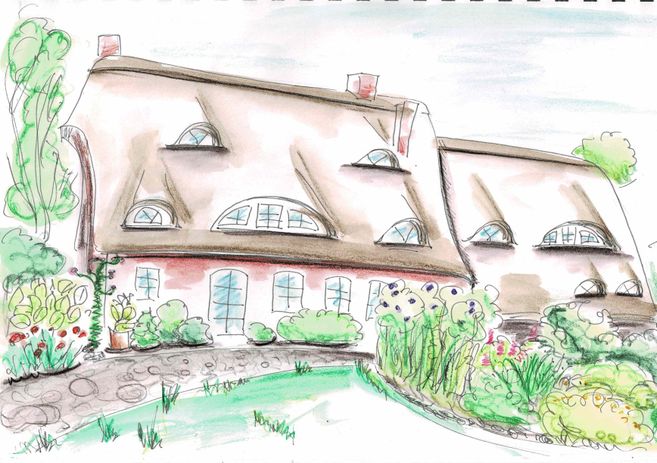 Illustration eines Hauses mit Reetdach und Garten.