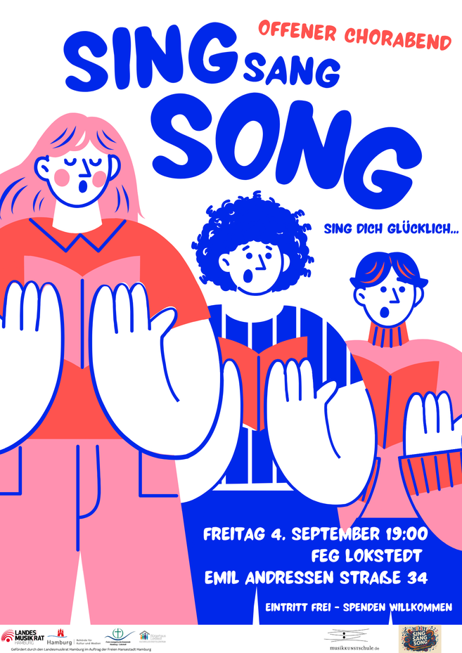 Illustration eines Chorkonzerts: Drei stilisierte Sängerinnen und Sänger halten Notenmappen und singen. Überschrift: „Sing Sang Song – Offener Chorabend“. Termin: Freitag, 4. September, 19 Uhr, in der FEG Lokstedt, Emil-Andresen-Straße 34. Der Eintritt ist frei, Spenden sind willkommen.