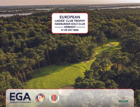 Drohnenansicht einer Bahn des Hamburger Golf-Clubs mit Championship Logo