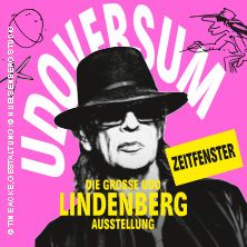 Plakat der Ausstellung 'UDOVERSUM - Die Große Udo Lindenberg Ausstellung' mit Udo Lindenberg in Schwarz-Weiß und pinkem Hintergrund.