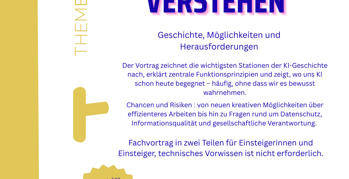 Ein Flyer für einen Vortrag über Künstliche Intelligenz in der Stadtbücherei Fehmarn am 11. März 2026 um 17 Uhr.
