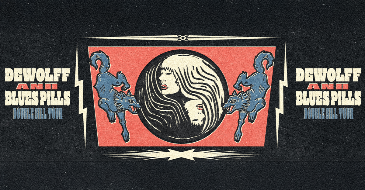 Poster der Double Bill Tour 2026 von DeWolff und Blues Pills mit stilisierten Wölfen und Gesichtern.