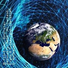 Die Erde umgeben von blauen, netzartigen Linien im Weltraum.