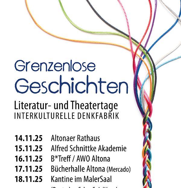 Plakat für die Interkulturelle Denkfabrik 2025 mit bunten Schnüren und Veranstaltungsdaten.