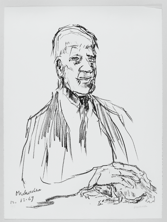 Zeichnung eines Mannes in Anzug mit verschränkten Händen, signiert mit "Kokoschka" und datiert auf den 12.12.69.