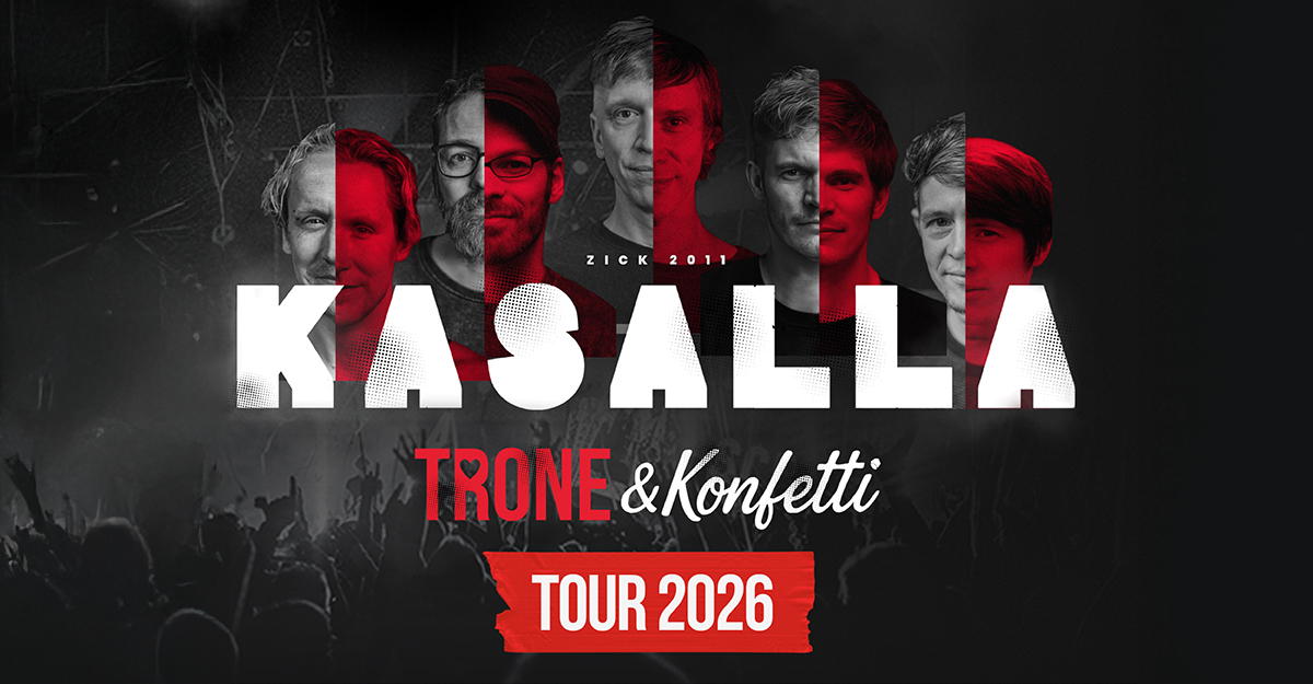 Poster der Kasalla Tour 2026 mit Bandmitgliedern und Tourdaten.