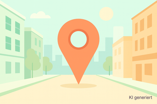 Illustration einer Stadt mit einem großen, orangefarbenen Standort-Pin in der Mitte.