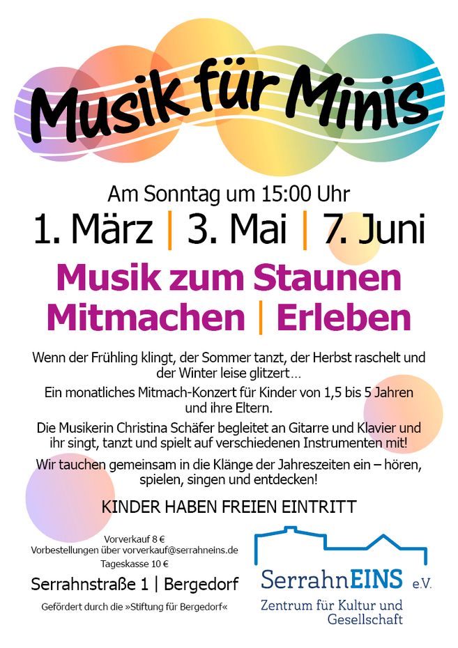 Notenlinie mit bunten Ballons und Veranstaltungsbeschreibung