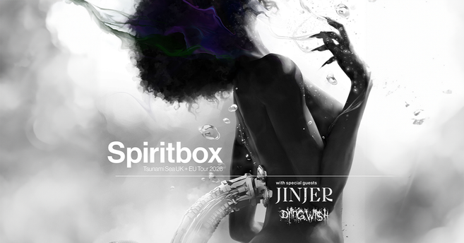 Poster der Spiritbox Tsunami Sea UK + EU Tour 2026 mit Jinjer und einem weiteren Gast.