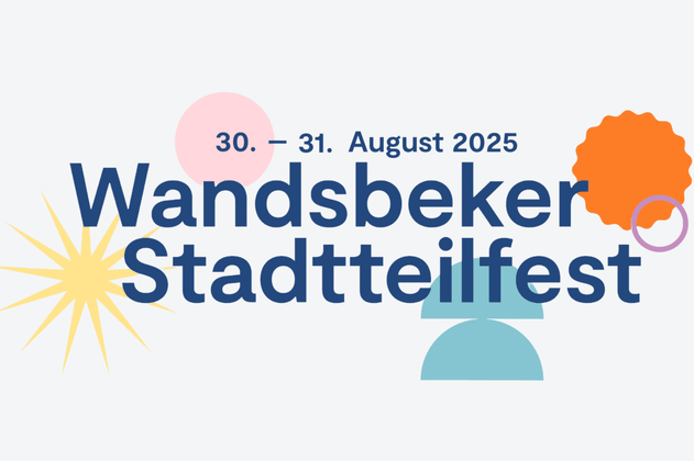 Grafik mit Text 'Wandsbeker Stadtteilfest 30.-31. August 2025' und bunten Formen.