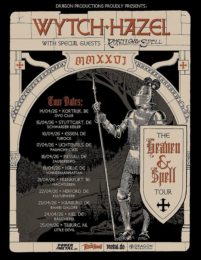 Poster der Heaven & Hell Tour 2026 von Wytch Hazel mit Phantom Spell, zeigt einen Ritter mit Lanze vor einer Burg.