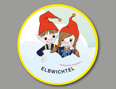 Zwei gezeichnete Wichtel mit roten Mützen und fröhlichen Gesichtern auf einem runden, gelb umrandeten Hintergrund.