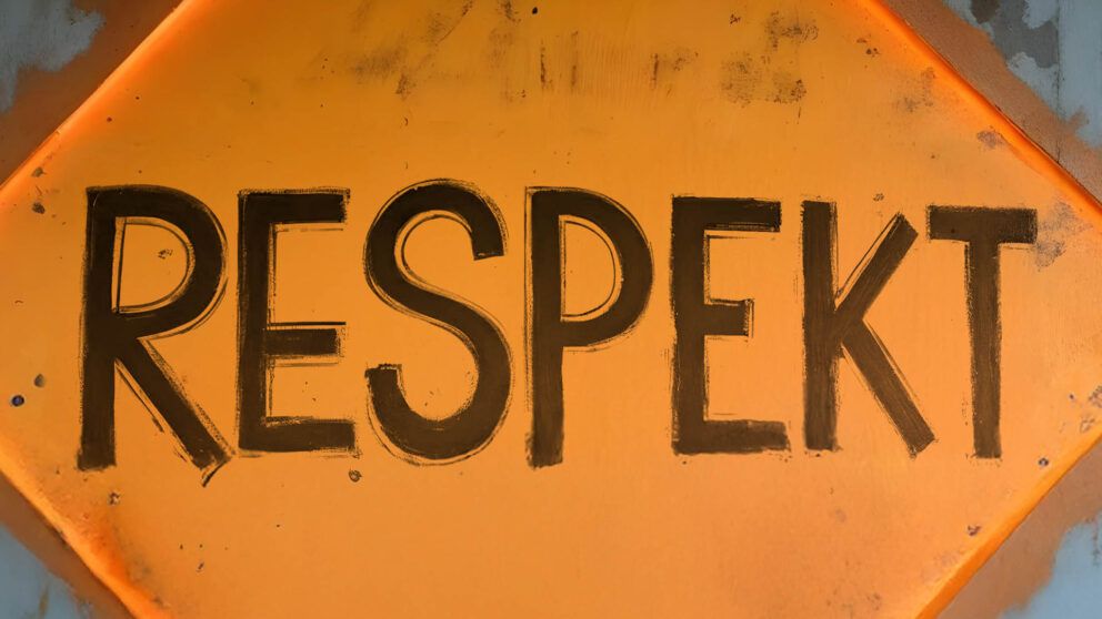 Ein orangefarbenes Schild mit dem Wort 'RESPEKT' in schwarzen Buchstaben.