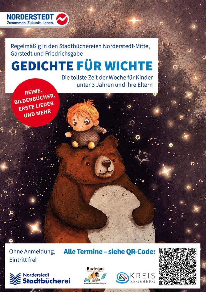 Illustration eines Kindes auf einem Bären, umgeben von Sternen, mit Text zu einer Veranstaltung für Kinder in Norderstedt.