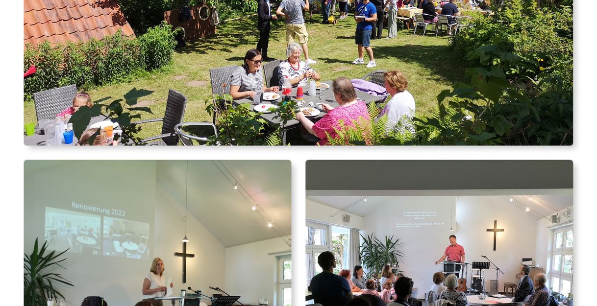 Menschen feiern im Garten und in einem Versammlungsraum mit christlichen Symbolen.