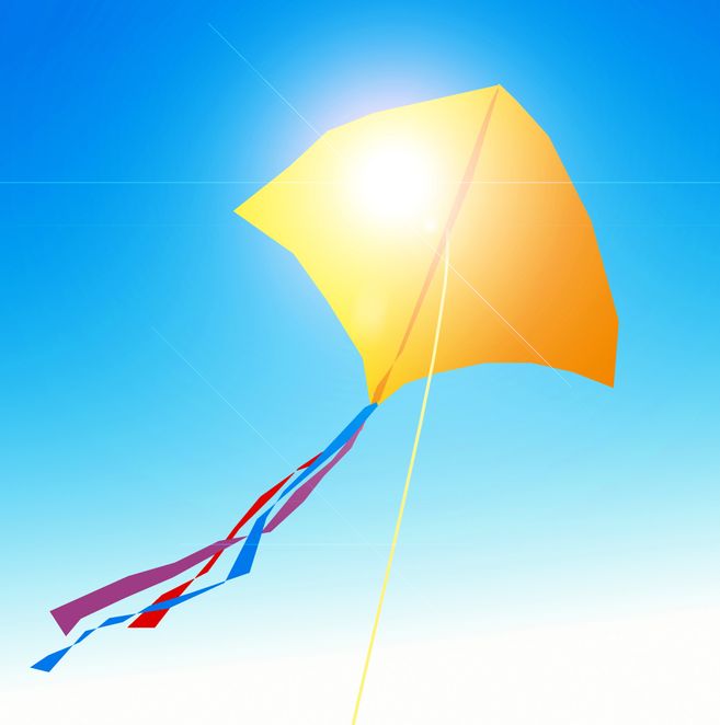 Ein gelber Drachen fliegt am blauen Himmel mit Sonnenstrahlen und bunten Bändern.