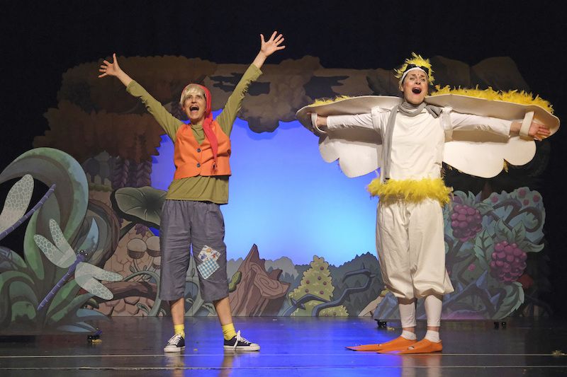 Zwei Schauspieler in bunten Kostümen auf einer Theaterbühne, die Arme ausgebreitet. Hintergrund mit Waldkulisse.