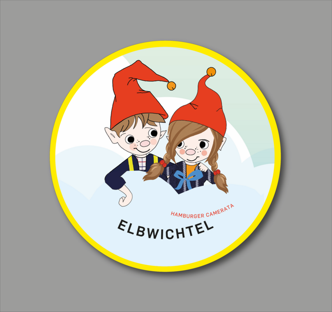 Zwei gezeichnete Wichtel mit roten Mützen und fröhlichen Gesichtern auf einem runden, gelb umrandeten Hintergrund.