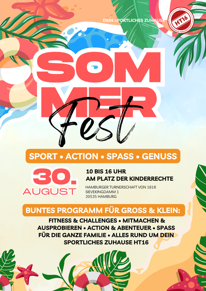 Erlebt einen abwechslungsreichen Tag voller Sport, Bewegung und Gemeinschaft beim HT16 Sommerfest! Freut euch auf zahlreiche Mitmachangebote für Groß und Klein, spannende Sportstationen, Klettern, Tanz- und Kampfsportvorführungen, Fitness-Challenges, ein buntes Bühnenprogramm mit DJ sowie viele weitere Aktionen. Lernt die vielfältigen Sportangebote der HT16 kennen und verbringt gemeinsam mit Familie und Freunden einen aktiven Tag im Sportzentrum Burgstraße und auf dem Platz der Kinderrechte. Der Eintritt ist frei.